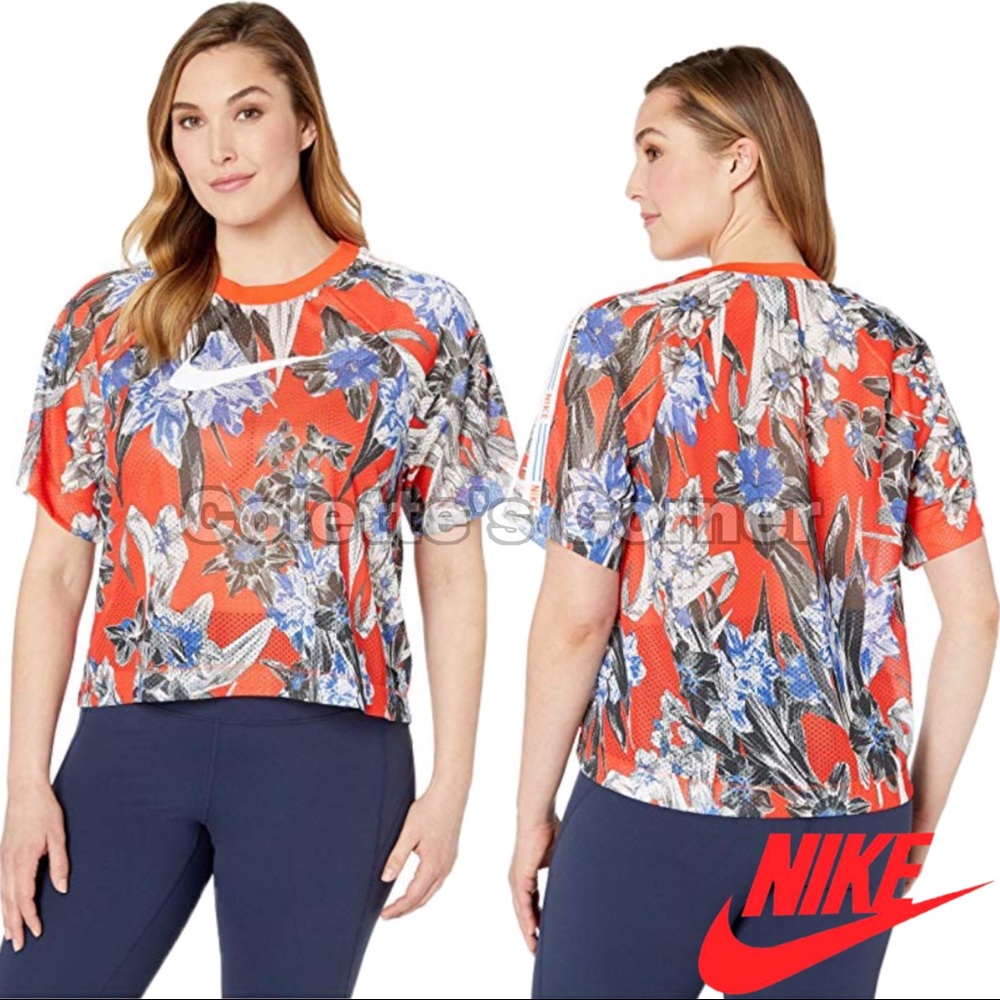 Nike Red & Blue Tropical Print Perforated Boxy Cropped Short Sleeve Tee Shirt